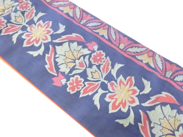 縞に草花模様織り出し袋帯